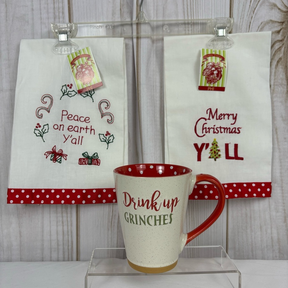 Drink Up Grinches Coffee Mug & Merry Christmas Ya'll Hand Towels Holiday Set 3Pc